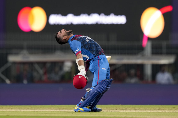 Afghanistan’s captain Hashimatullah Shahidi celebrates his team’s win against Pakistan. 