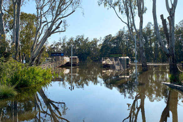Residents watch the Murray River creep up in the Echuca port area.
