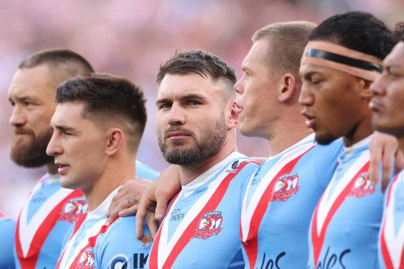 Angus Crichton and his Roosters teammates on Anzac Day last year.