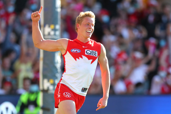 Isaac Heeney of the Swans celebrates one of his five goals.