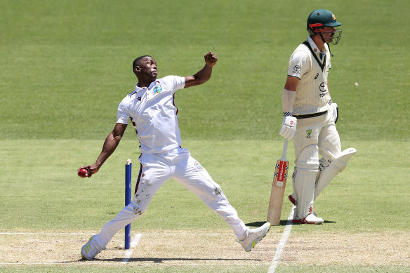 Shamar Joseph bends his back in Adelaide on his way to taking five Australian wickets.