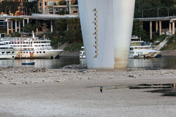 An exposed riverbed along the Jialing River near the confluence with the Yangtze River in Chongqing, China.