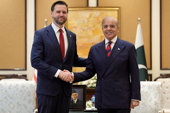 US Vice President JD Vance shakes hands with Pakistan Prime Minister Shehbaz Sharif during their meeting on April 11, 2026, in Islamabad, Pakistan. The proposed meeting marks a rare direct engagement between senior US and Iranian officials.