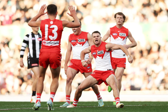 Sydney’s Tom Papley celebrates one of his three goals against Collingwood at the SCG on Saturday.