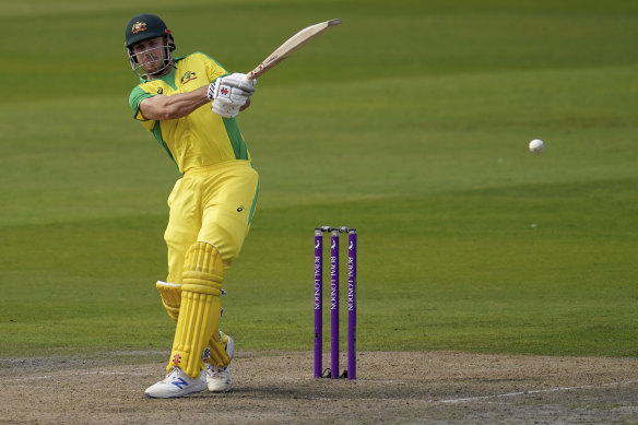 Mitchell Marsh bats during the first ODI cricket match between England and Australia, at Old Trafford in 2020. 