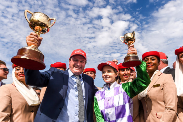 Darren Weir at the height of his career with jockey Michelle Payne after Prince Of Penzance won the 2015 Melbourne Cup.