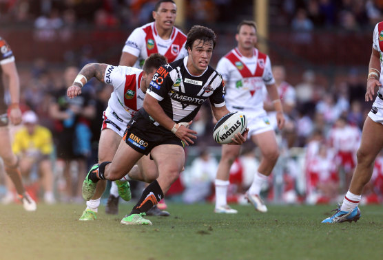 Luke Brooks during his first grade debut for the Wests Tigers against the Dragons in 2013