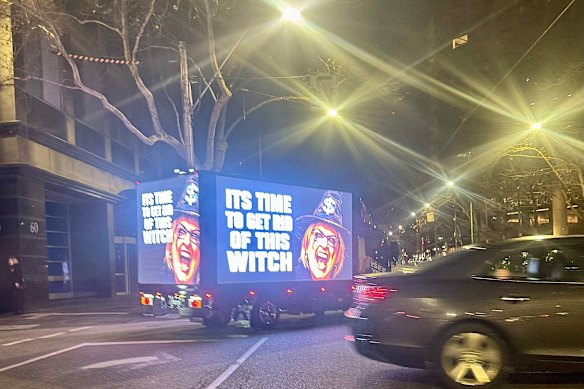 The infamous billboard truck featuring an ad depicting Jacinta Allan as a witch is back on the streets of the CBD, as seen on Friday evening.