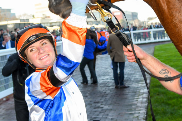 Jamie Kah after riding her 100th Melbourne winner for the 2020-21 season.