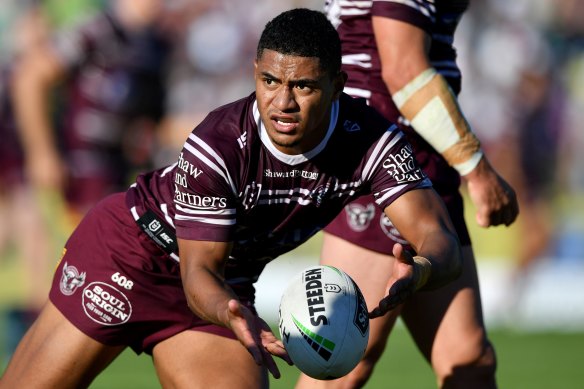 Manase Fainu playing in the 2019 NRL season for Manly.