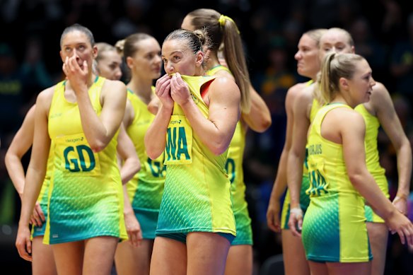 The dejected Diamonds after losing their semi-final against Jamaica.