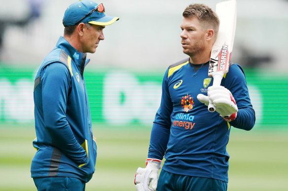 Justin Langer and David Warner at the Boxing Day Test in 2019.