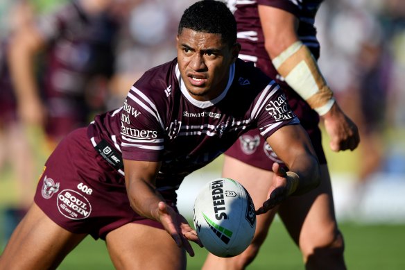 Manase Fainu in action during the 2019 NRL season for Manly.