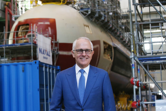 Malcolm Turnbull, pictured visiting the Naval Group shipyard in  France, says Scott Morrison has put Australia’s national security at risk.
