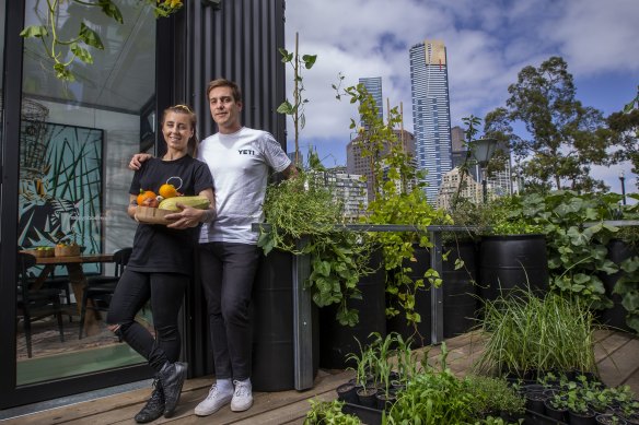 Our home for three months: Chefs Matt Stone and Jo Barrett at the sustainable house at Federation Square called Greenhouse By Joost.