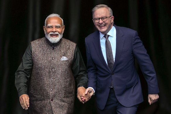 Prime Minister Anthony Albanese and Indian Prime Minister Narendra Modi at the MCG on Friday.
