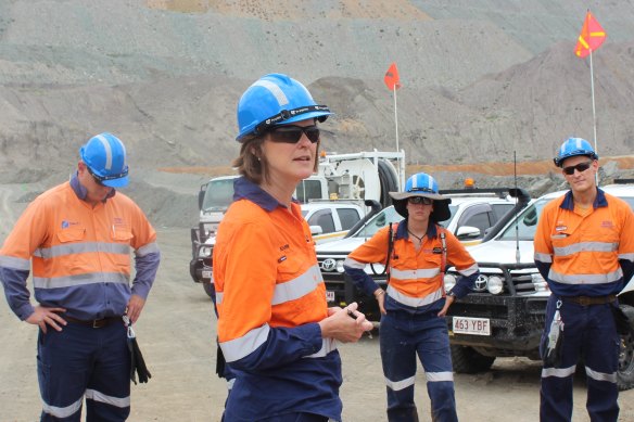 Incitec Pivot CEO Jeanne Johns, centre, addresses staff at a mine in Queensland. The company released N2O gas from one of its plants in the state that makes explosives for the mining industry.