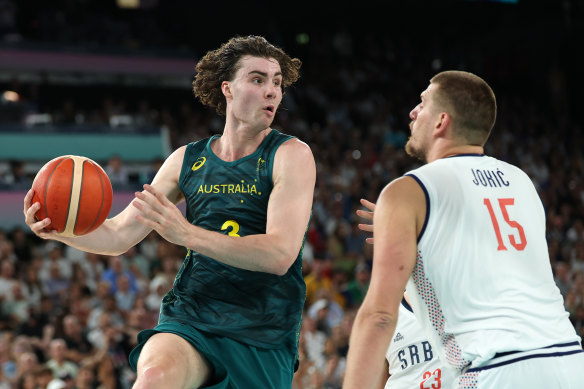 Josh Giddey takes on Nikola Jokic in the Australia-Serbia quarter-final.