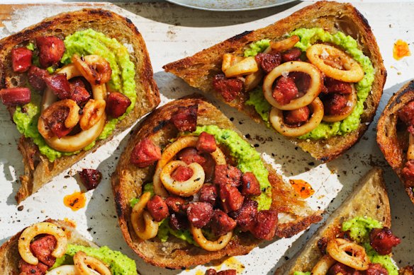 This crostini topping can be made with fresh or frozen broad beans.