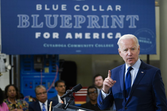 US President Joe Biden delivers a speech on the economy at the Cuyahoga Community College Metropolitan Campus in Cleveland on Thursday.