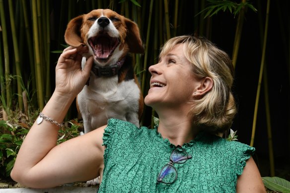Zali Steggall, with her beagle, Charlie, spoke at an Independents’ conference from her home via Zoom on Saturday.