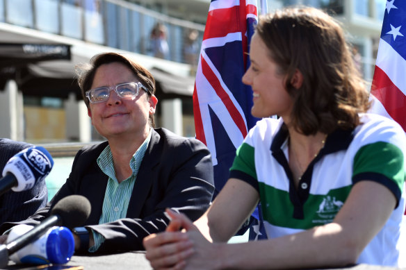 Swimming Australia CEO Eugenie Buckley (centre) and Australia’s most successful Paralympian Ellie Cole (right).
