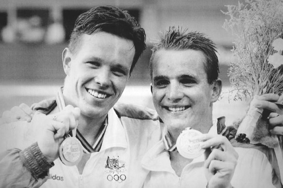 Australians Kieren Perkins (gold) and Glen Housman (silver) with their medals at the 1992 Barcelona Olympics later that year.