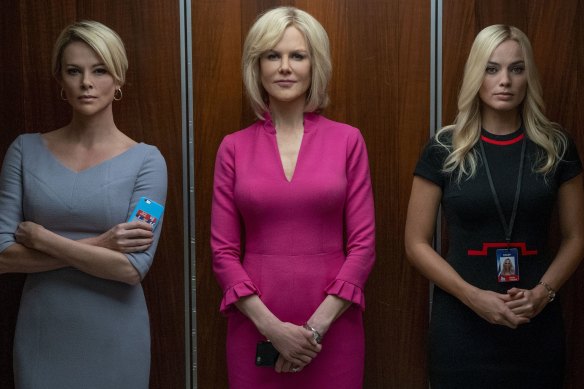 Charlize Theron as Megyn Kelly, Nicole Kidman as Gretchen Carlson, and Margot Robbie as the composite character Kayla in Bombshell. 