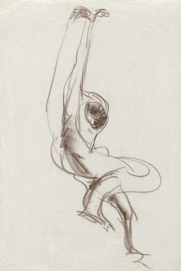 Fred Williams, Gibbon swinging, c.1953, brown conté crayon. © Estate of Fred Williams