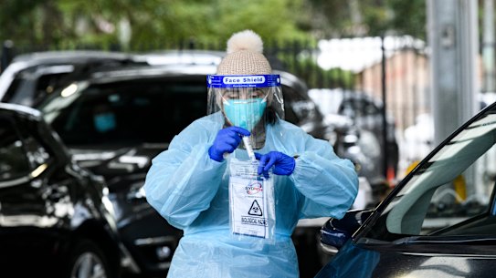 A COVID-19 drive-through testing clinic at the Fairfield Showground. 