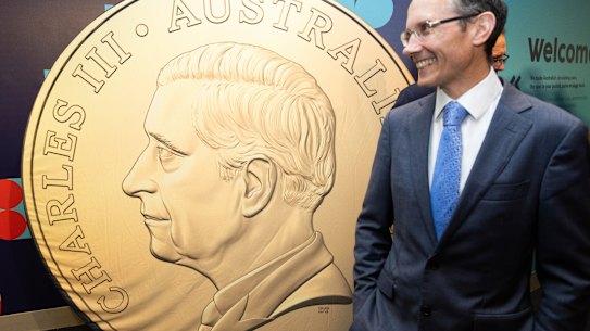 Responsible minister Andrew Leigh with the image of King Charles that will start appearing on Australia’s coins before Christmas.