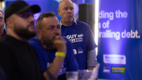 Scenes of dejection at Liberal Party headquarters at Doncaster Bowls Club as a Labor win is called.
