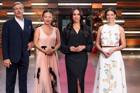 Judges Jean Christophe Novelli looking grumpy, Poh Ling Yeow, Meghan and Sofia Levin. 