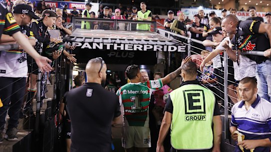 Latrell Mitchell heads up the tunnel BlueBet Stadium at half-time on Thursday night.