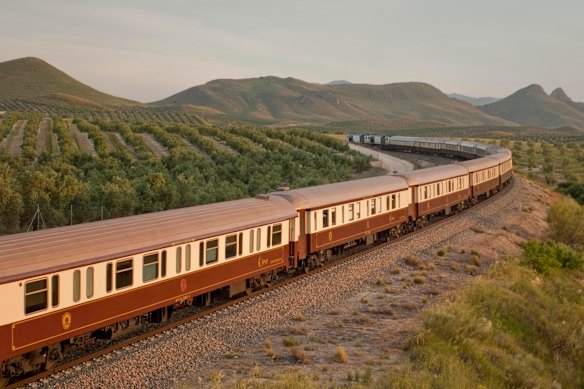 The long and luxurious train, all 450 metres of it, with two locomotives to move the 15 cars.