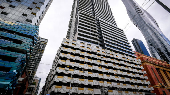 Architect Rory Hyde said the eight storeys of carparking at the apartment buildings at the corner of Spencer and Little Bourke street was problematic.  