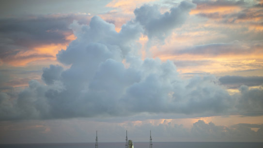 Artemis stands on its launchpad, August 29.