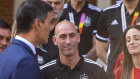 Luis Rubiales with Spain’s Women’s World Cup soccer winners being received by Spain’s Prime Minister Pedro Sanchez last month. Mr Rubiales resigned on Monday (AEST).