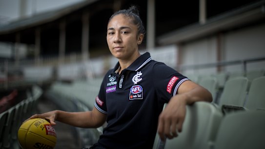The Age, SPORT. Darcy Vescio has become the first player in AFLW history to kick 50 goals after scoring twice in Round 8. Pic Simon Schluter 28 February 2022