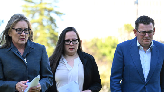 Premier Jacinta Allan, Housing and Building Minister Harriet Shing, and then premier Daniel Andrews.