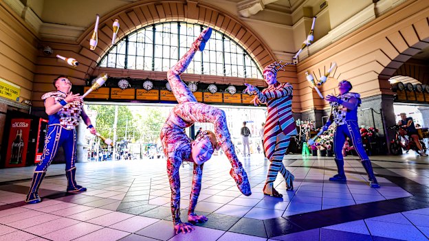 Members of Cirque du Soleil’s biggest-ever show, Kooza (L-R): Maximiliano Fusco, Sender Enkhtur, Mitch Wynter and Emiliano Fusco.