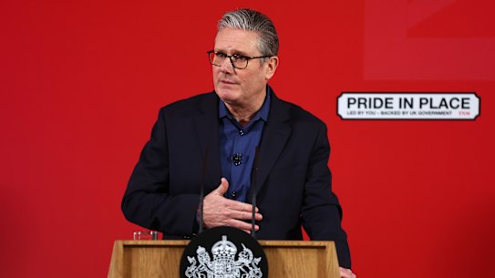 Britain’s Prime Minister Keir Starmer delivers a speech at Horntye Park Sports Complex in St Leonards-on-Sea, East Sussex, England, Thursday, Feb. 5, 2026. (Peter Nicholls/Pool Photo via AP)