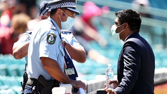 Police talk to a member of the Indian squad regarding a complaint by Mohammed Siraj of India during day four of the Third Test match in the series between Australia and India at Sydney Cricket Ground on January 10, 2021 in Sydney, Australia. 