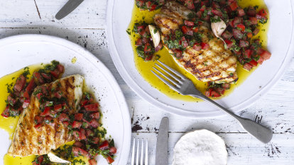 Neil Perry’s barbecued coral trout with sauce vierge