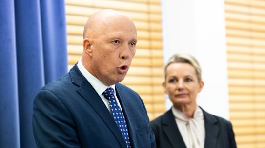Liberal party leader Peter Dutton and deputy leader Sussan Ley press conference at Parliament House in Canberra on Monday 30 May 2022. fedpol Photo: Alex Ellinghausen