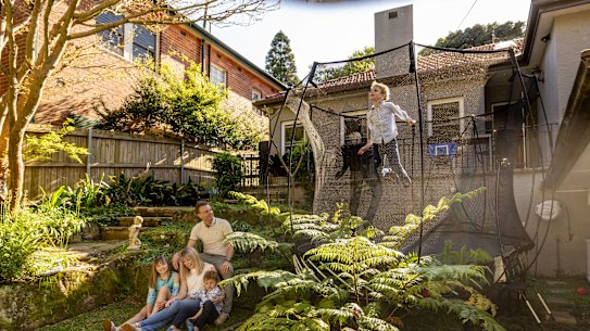 Nathan and Amanda Cornish at home with kids Madison, Sebastian (striped shirt) and Casper (chequed shirt), in Lane Cove, Sydney.