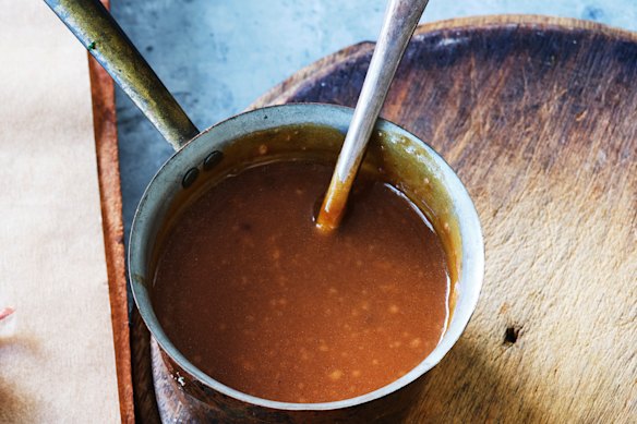 Adam Liaw’s roast lamb shoulder with mint sauce and gravy.
