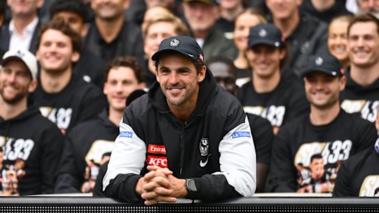 Scott Pendlebury at the MCG in front of his Collingwood teammates, club staff and high-profile AFL figures ahead of his record-breaking game.
