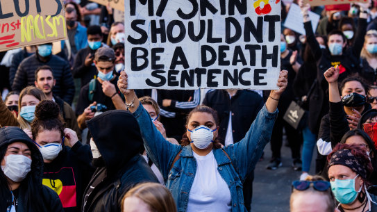 Protesters at the Black Lives Matter rally in Sydney on Saturday.