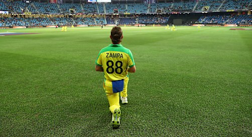 Adam Zampa takes a knee during the 2021 T20 World Cup.